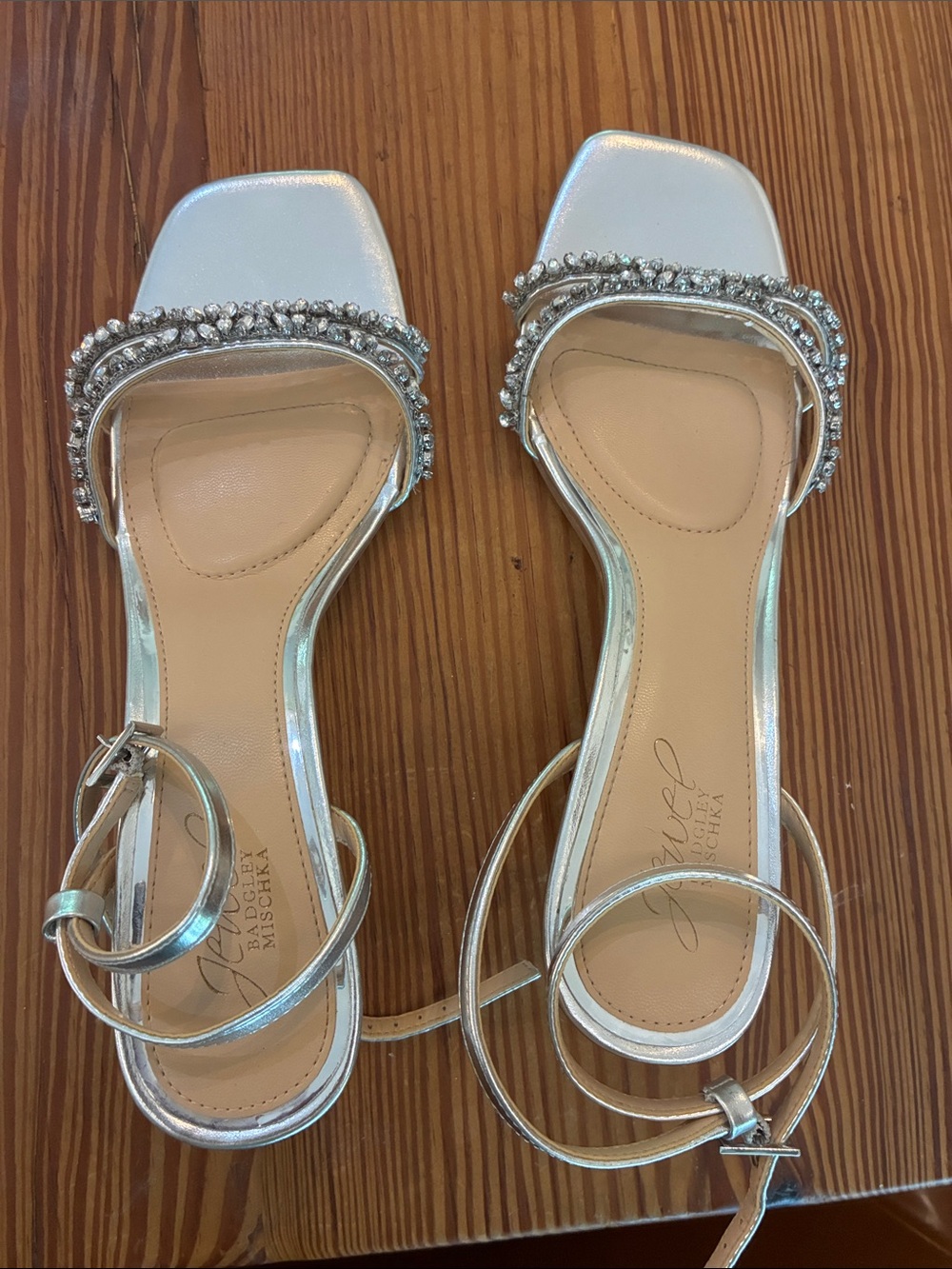 Jewel Badgley Mischka Silver Crystal-Strap Square-Toe Kitten Heels